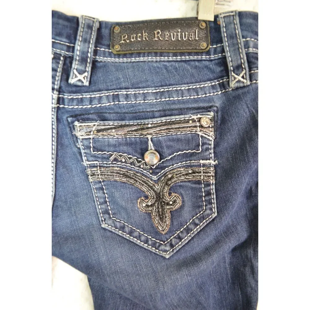 Rock Revival Women's 26 Long Deeka Straight Leg Embellished Stretch Jeans